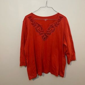 Orange Laura Scott Long Sleeve Top with Embroidery and Beading Accents